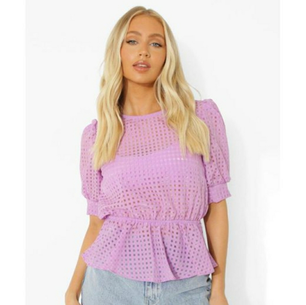 Boohoo size 6 nwt mesh gingham peplum smock top blouse lilac purple
